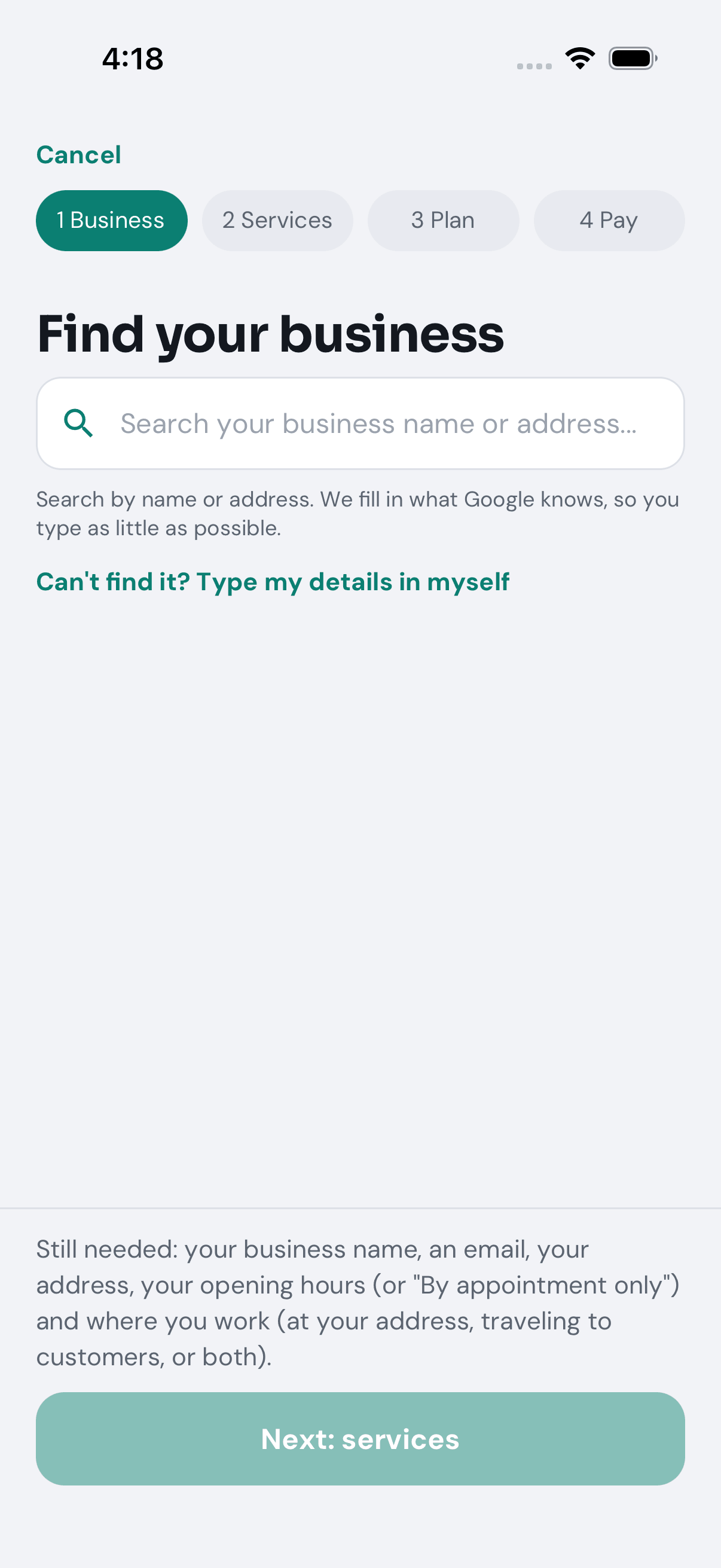 Step 1 of 4: find your business