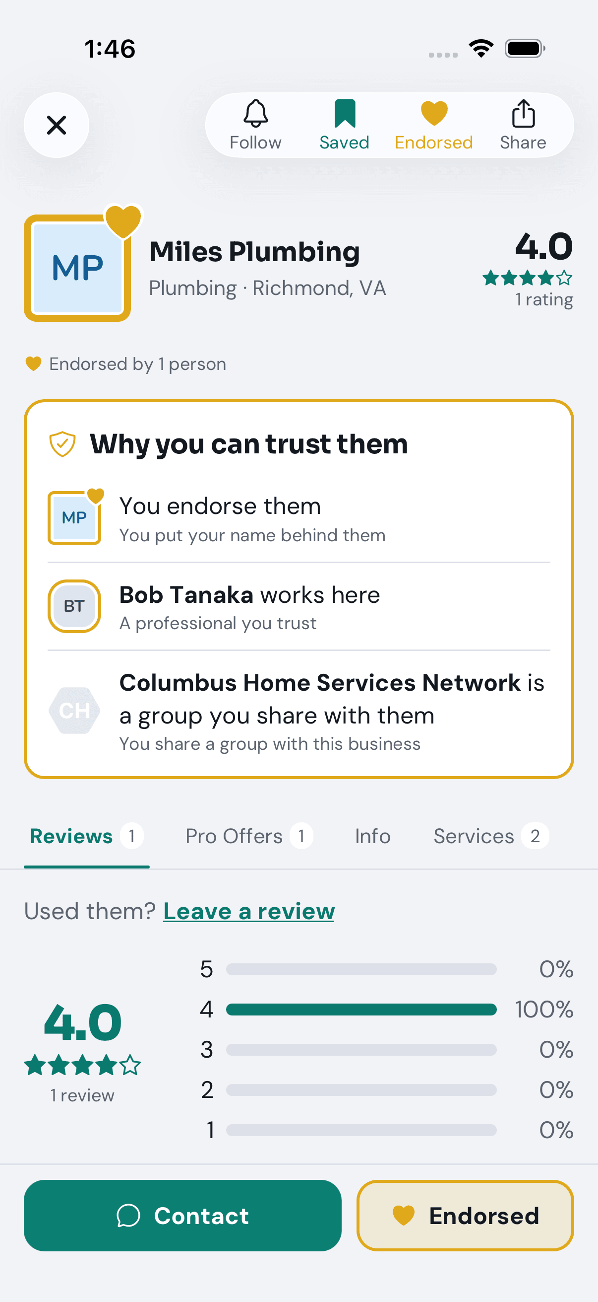 A business's page: the buttons along the top, Why you can trust them, the tabs, and Contact