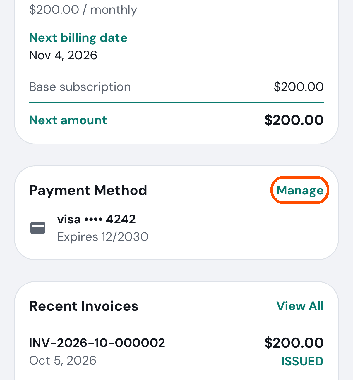 Billing Overview, with Manage beside the card on file