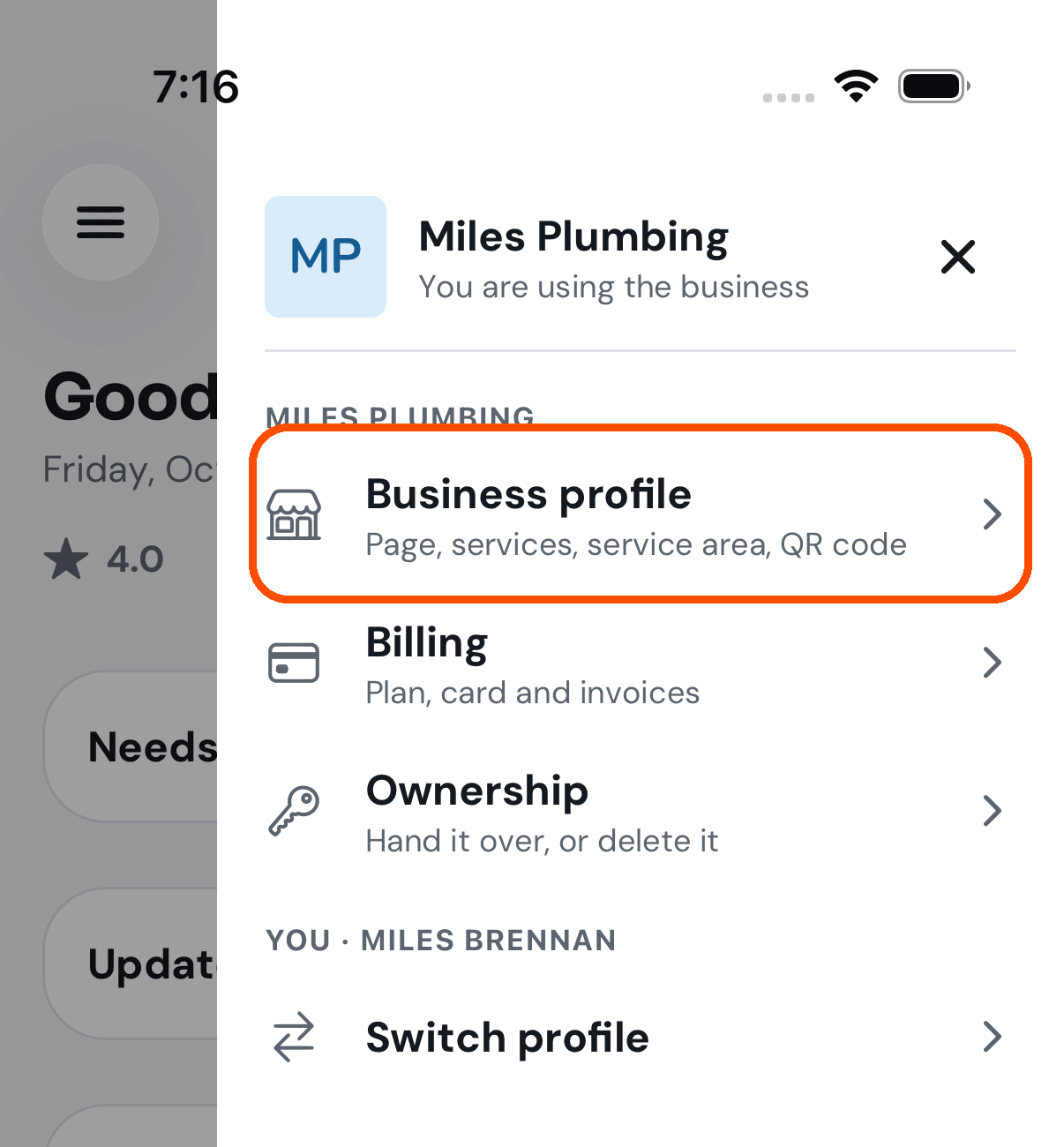 The picture's menu, with Business profile