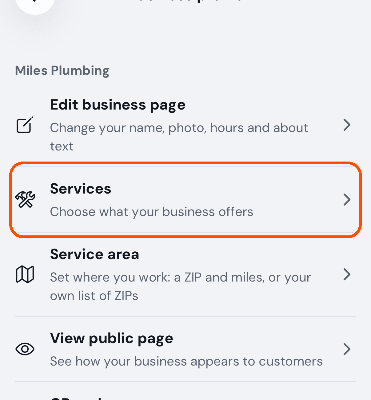 Business profile, with Services