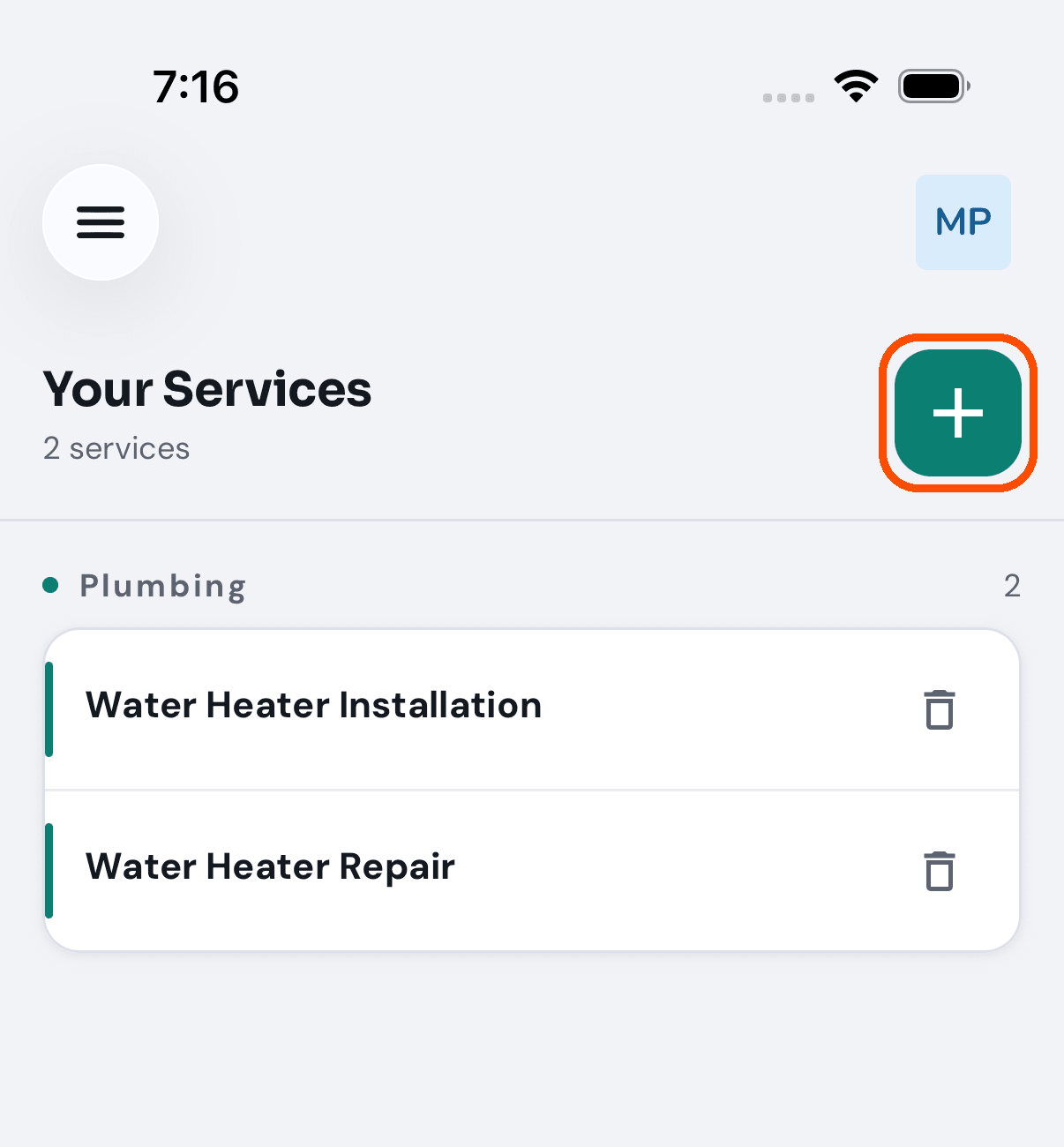 Your Services, with the plus button