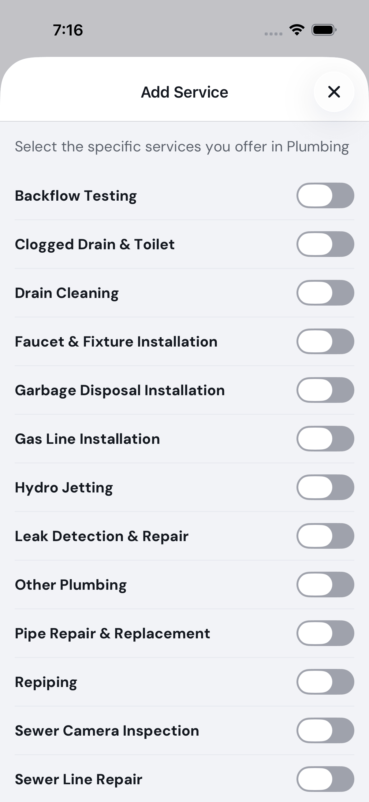 The services inside Plumbing, each with a switch