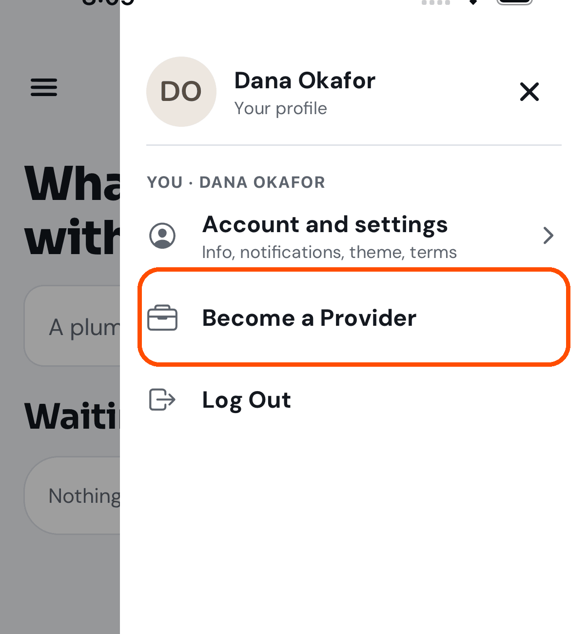 Your picture's menu, with Become a Provider