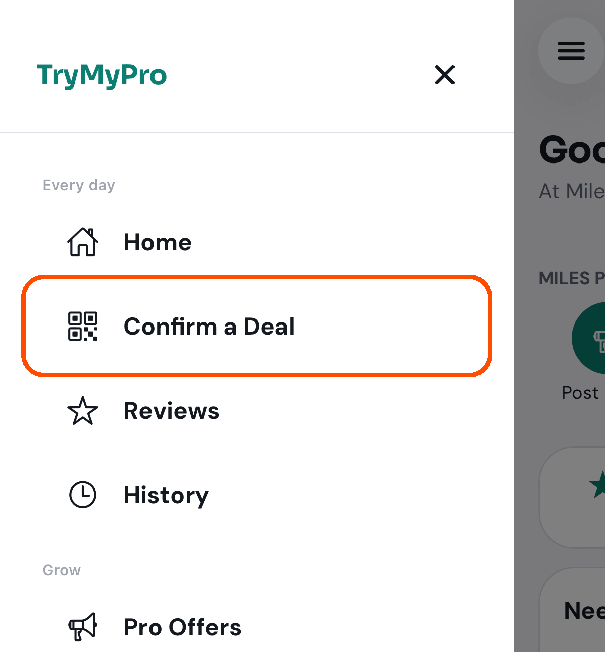 The menu, with Confirm a Deal in it