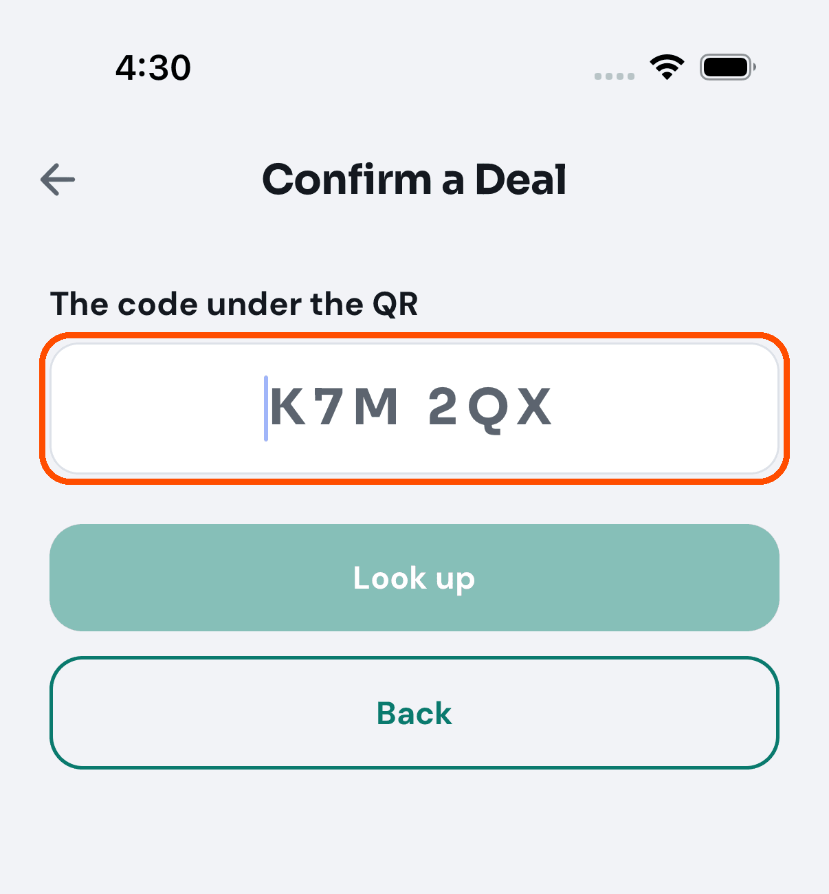 The box for the code under the QR