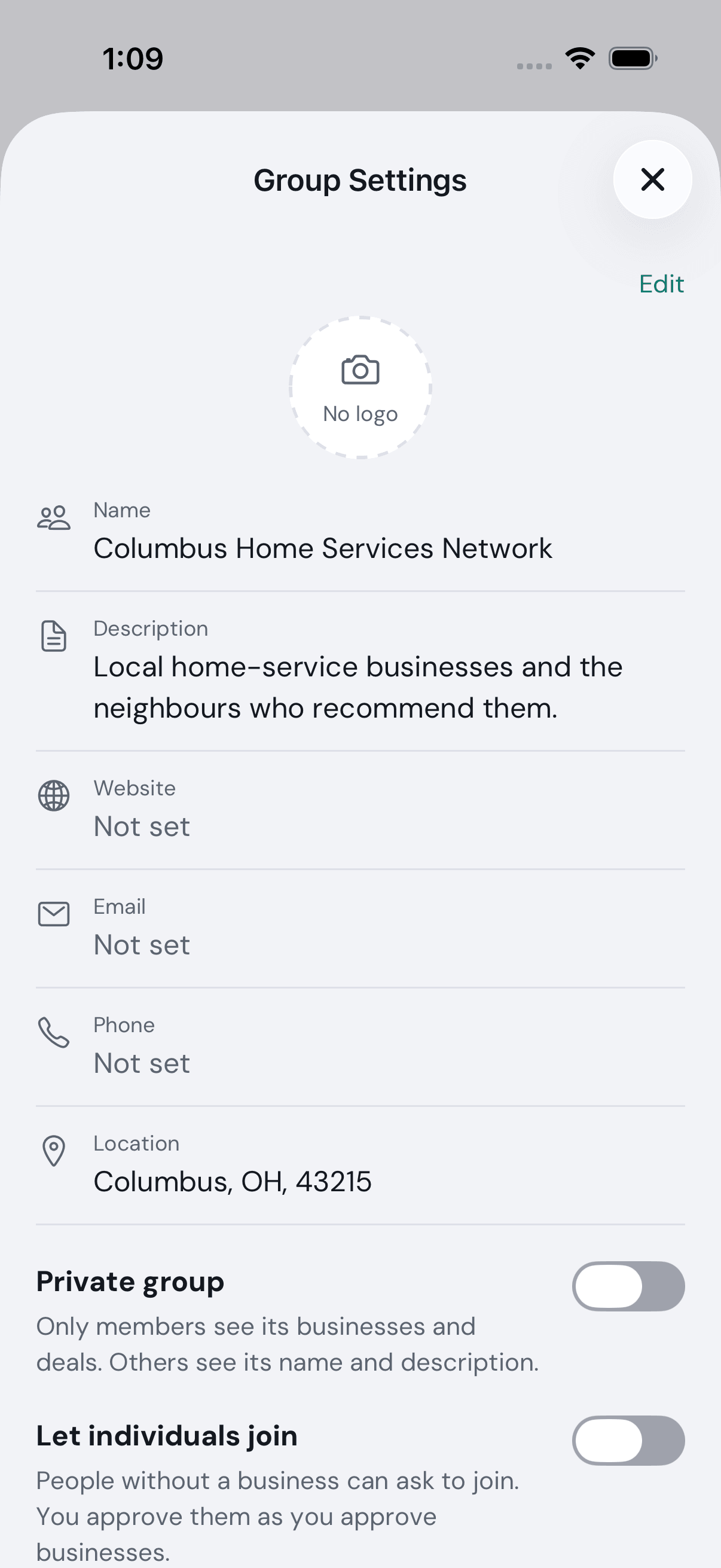 Group Settings: one page with a single Edit