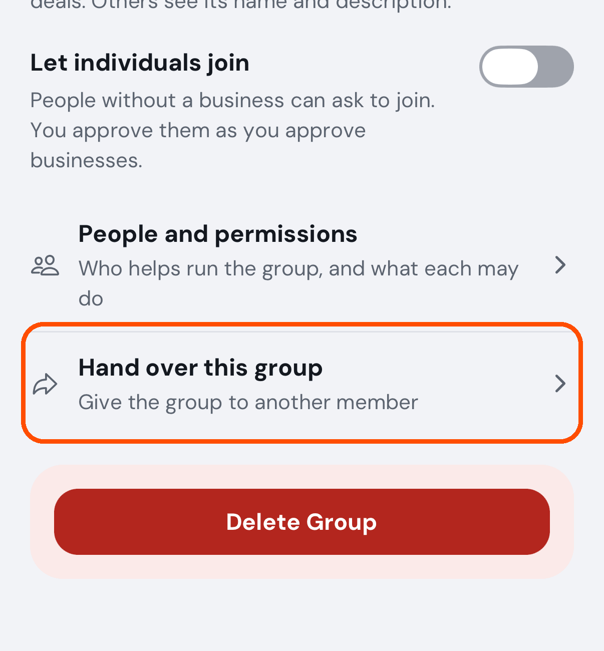 Group Settings, with Hand over this group
