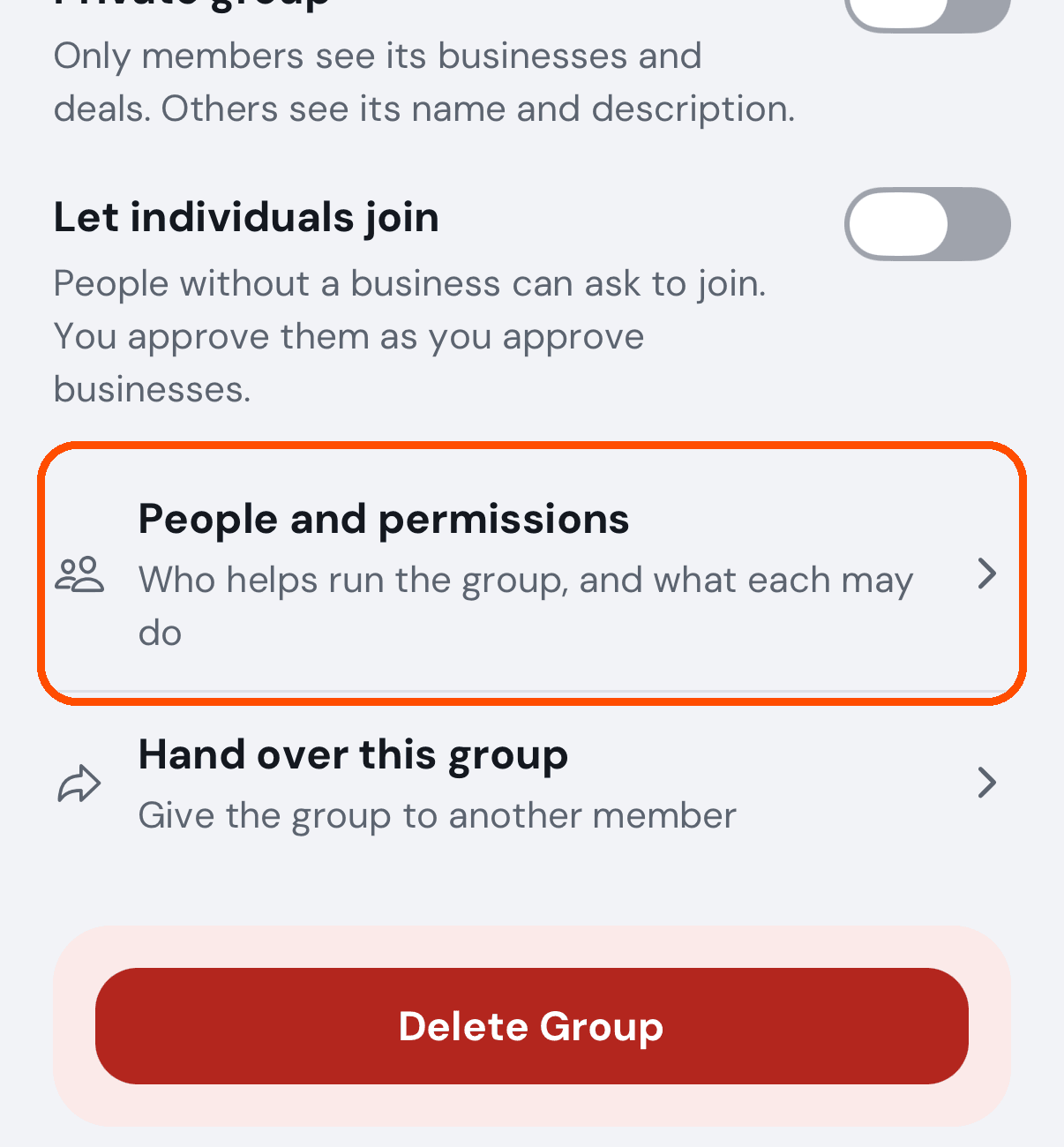 Group Settings, with People and permissions