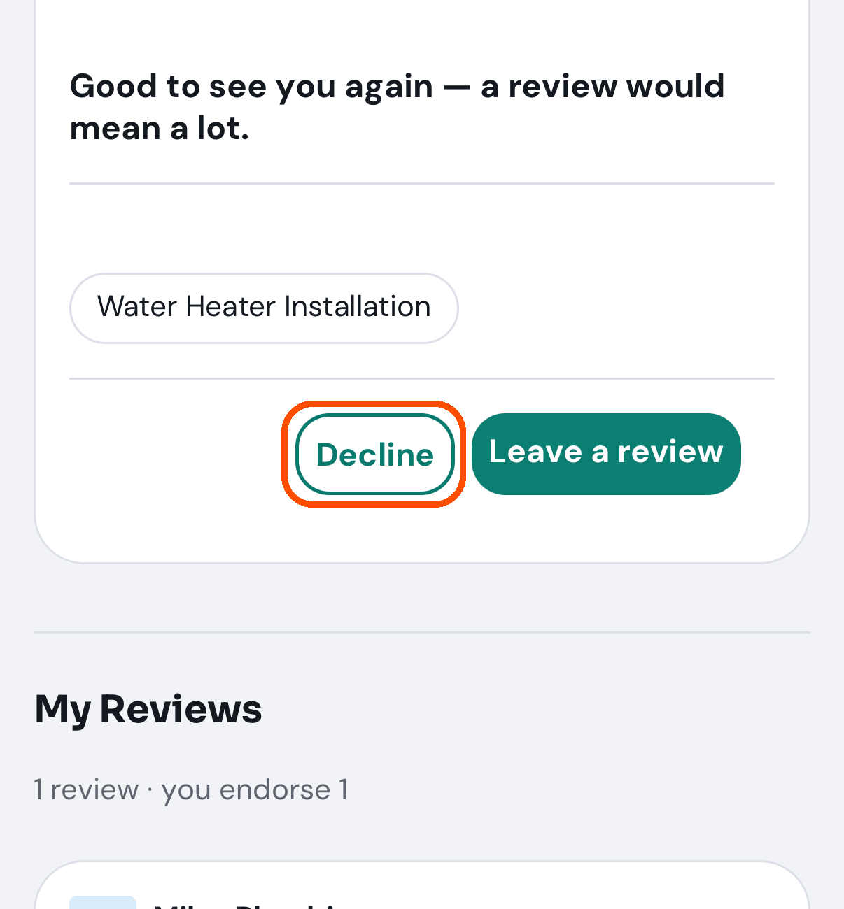 A review request, with Decline and Leave a review