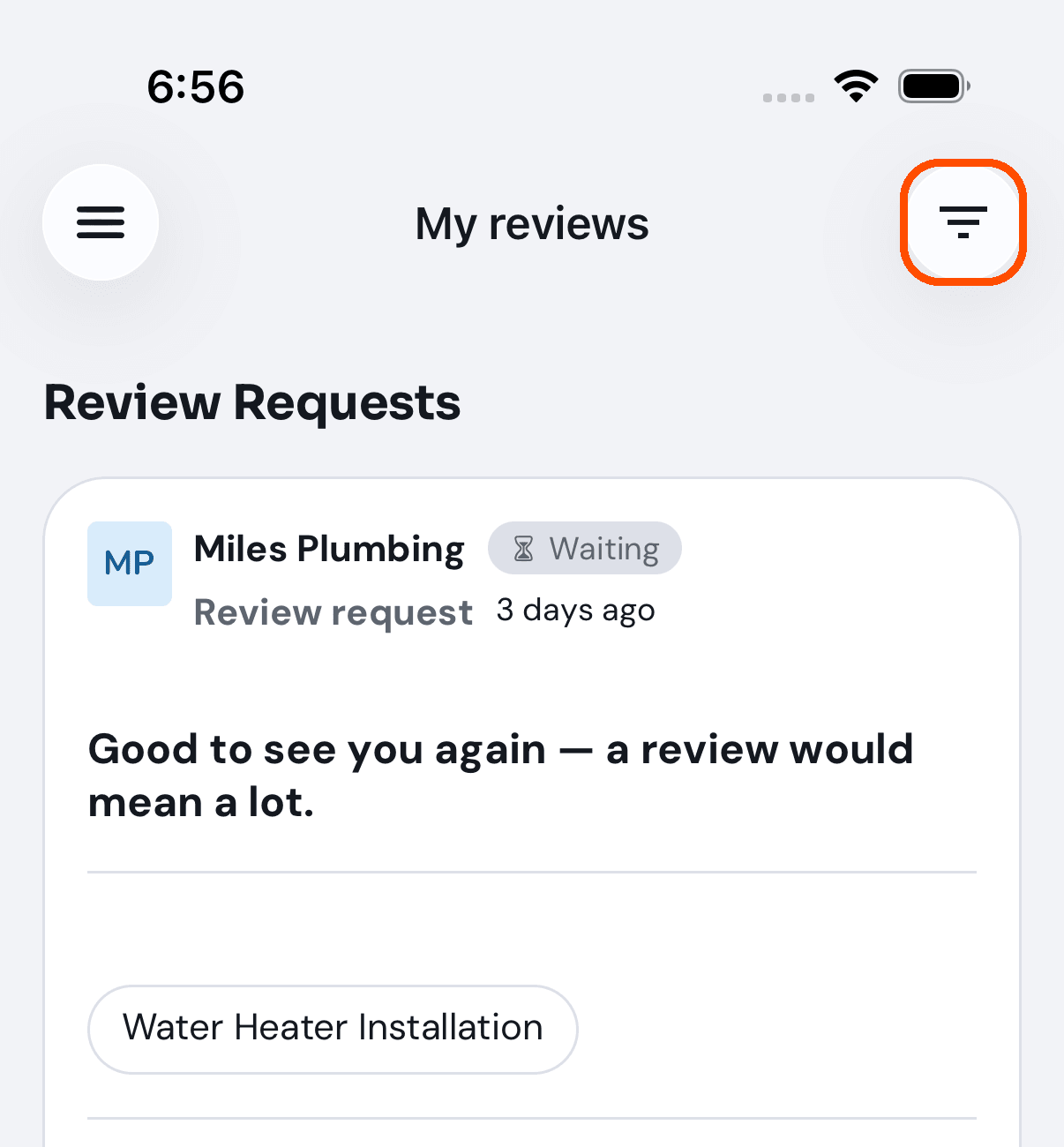 Reviews, with the filter button at the top right