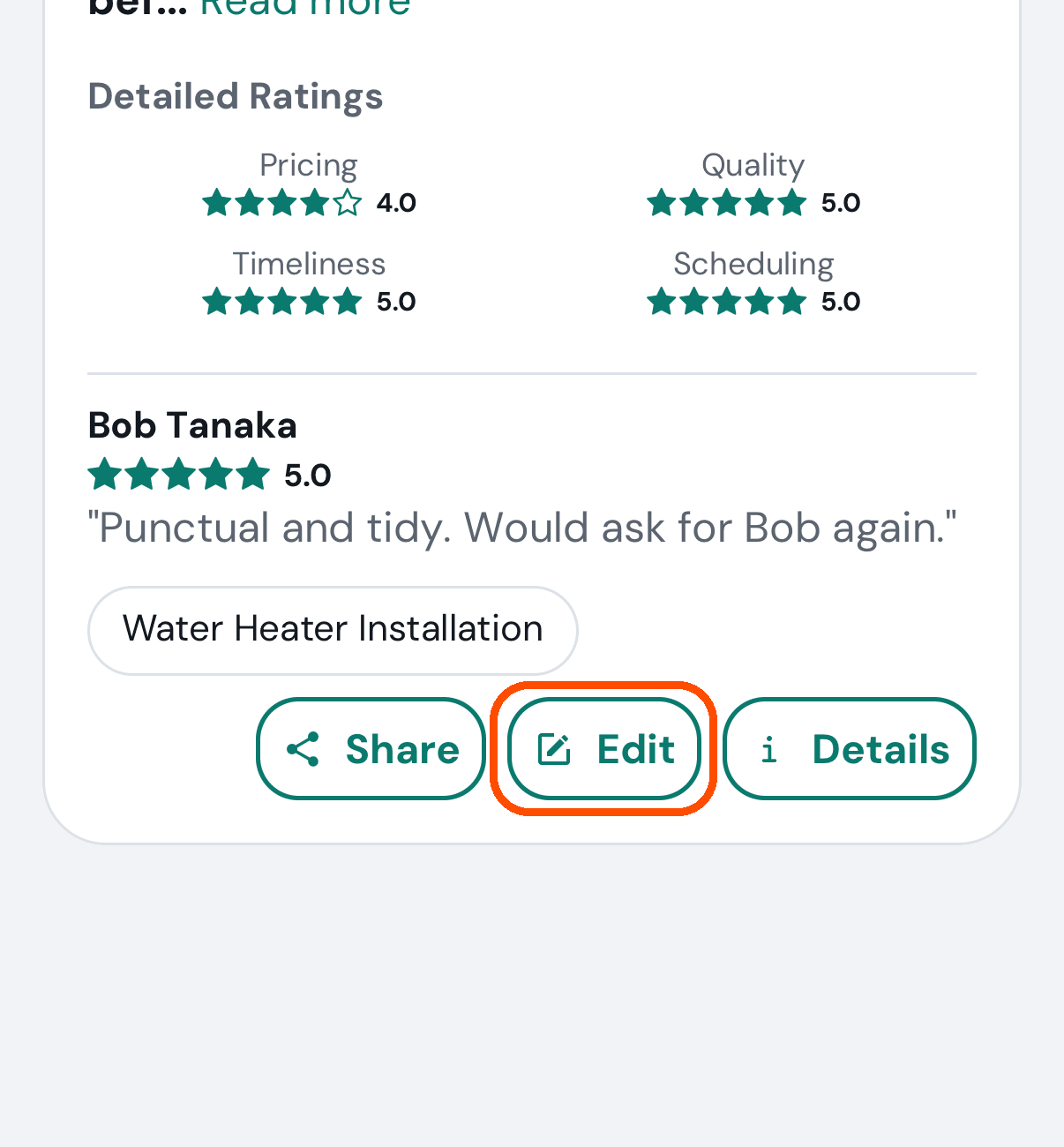 One of your reviews, with Share, Edit and Details