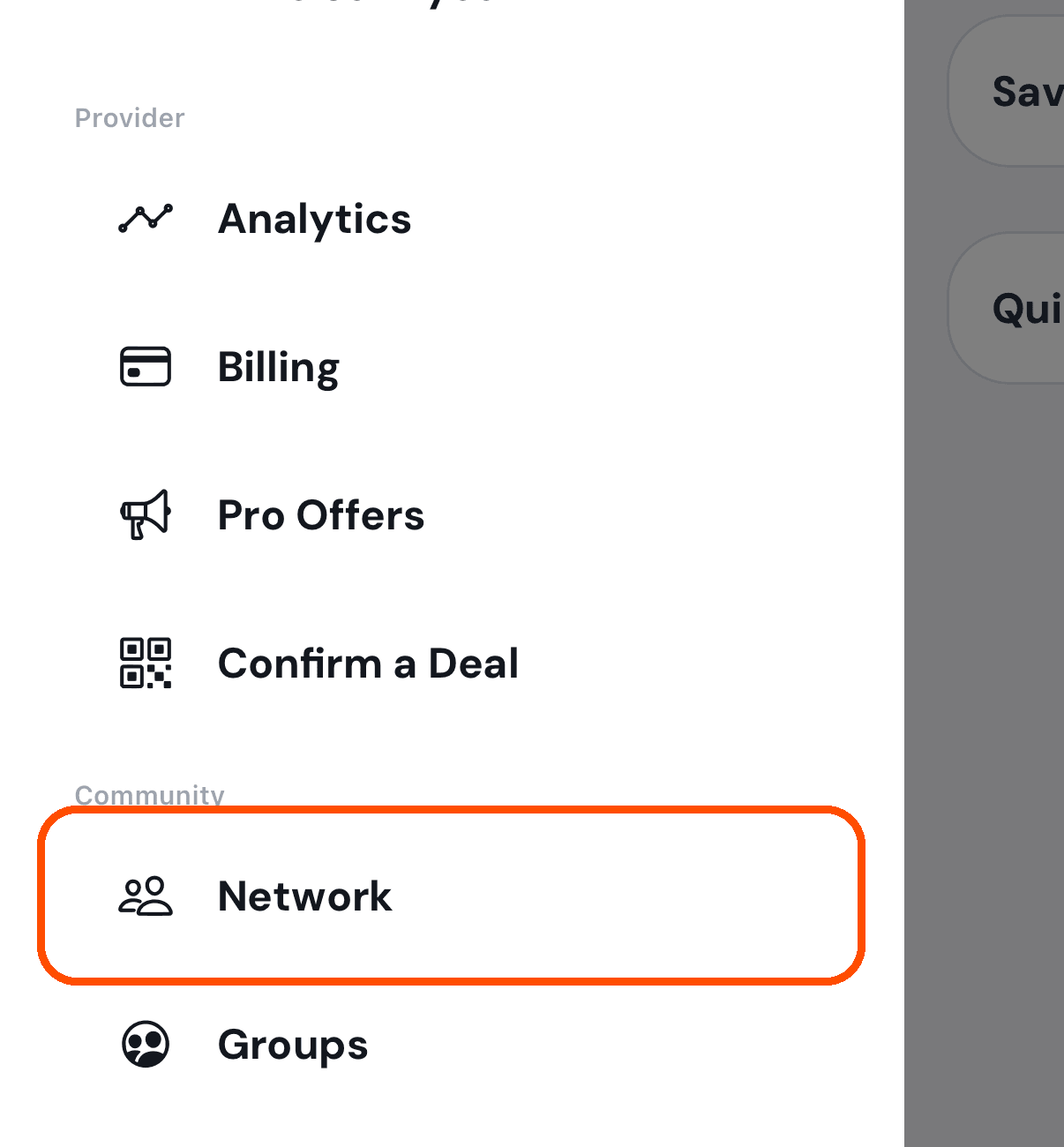 The menu, with Network in it