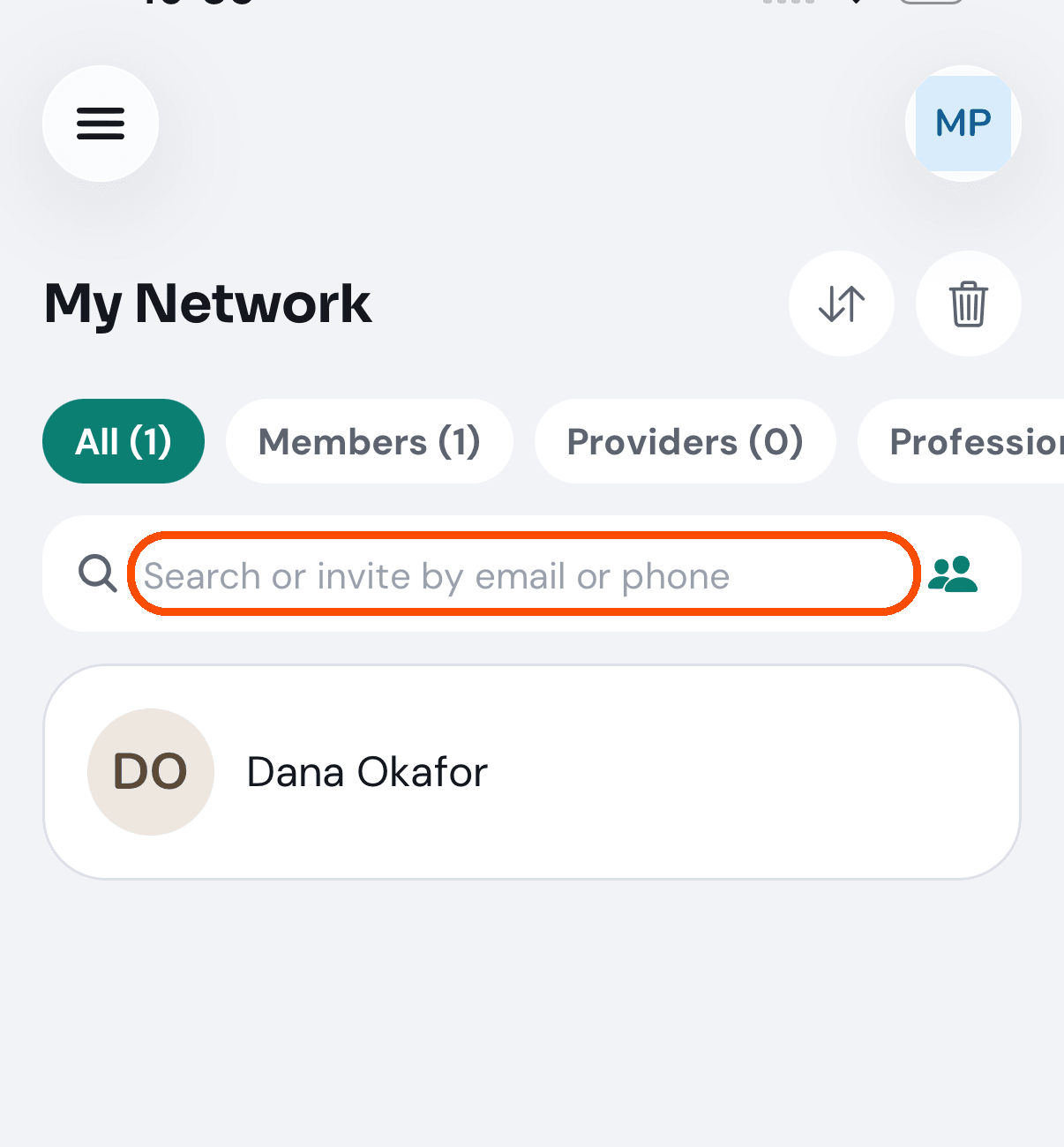 My Network, with the search box