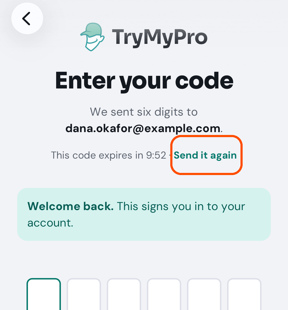 The code screen, with Send it again