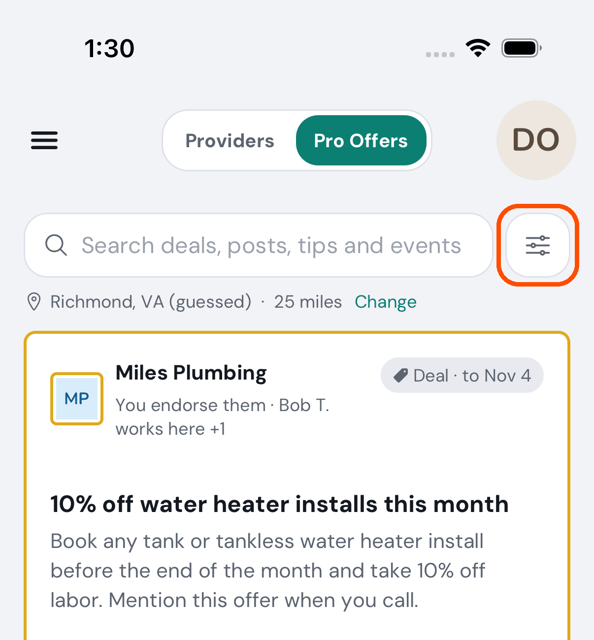Offers, with the filter button beside the search box