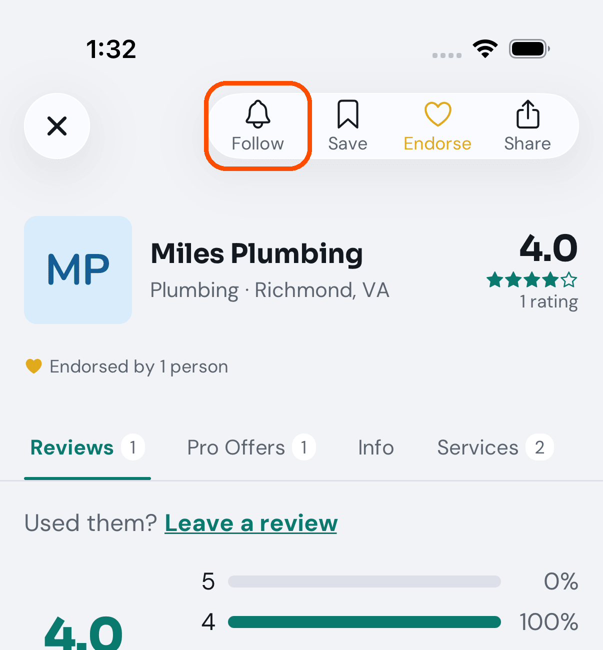 A business's page, with the bell at the top