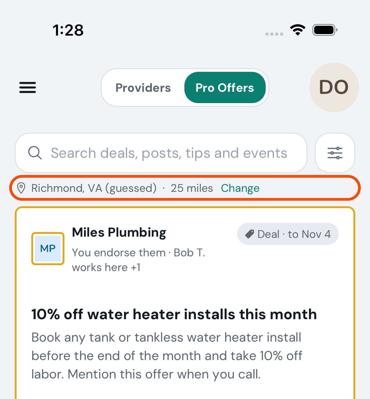 The line under the search box, with Change