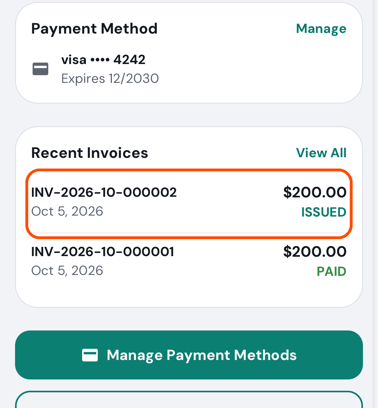 Recent Invoices, with the unpaid one