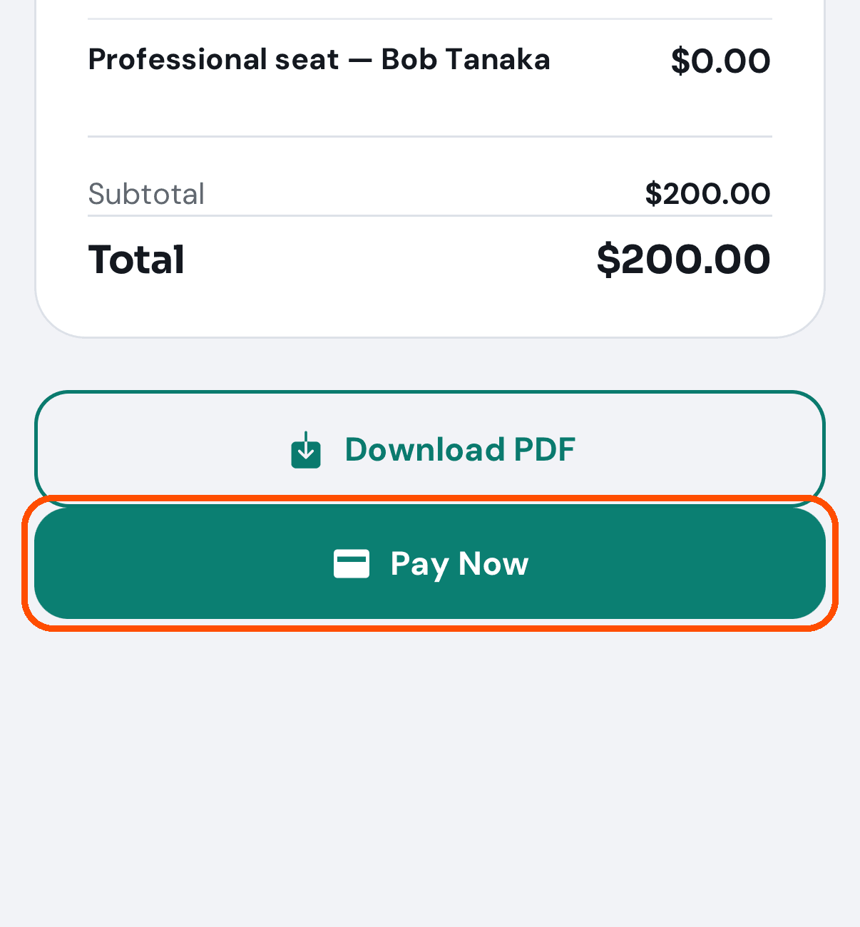 The invoice, with Pay Now under Download PDF