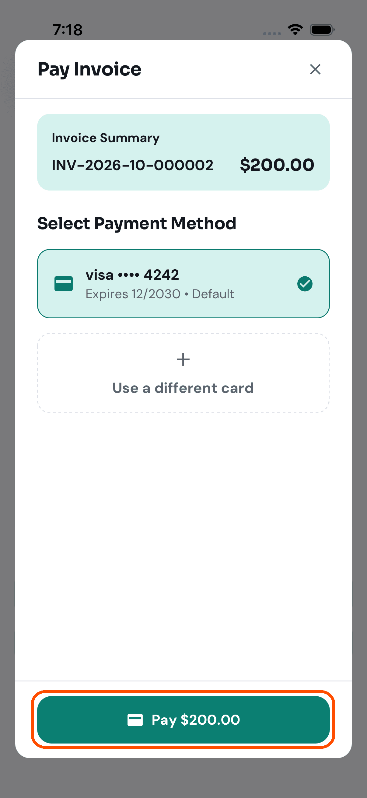 The payment box, with the card chosen and the Pay button