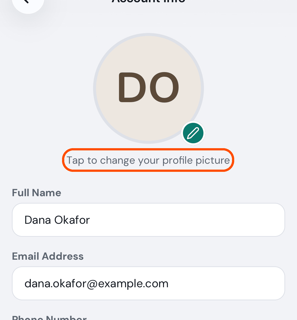 Account Info, with the circle to tap