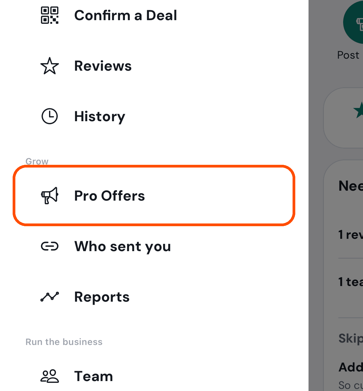 The menu, with Pro Offers in it