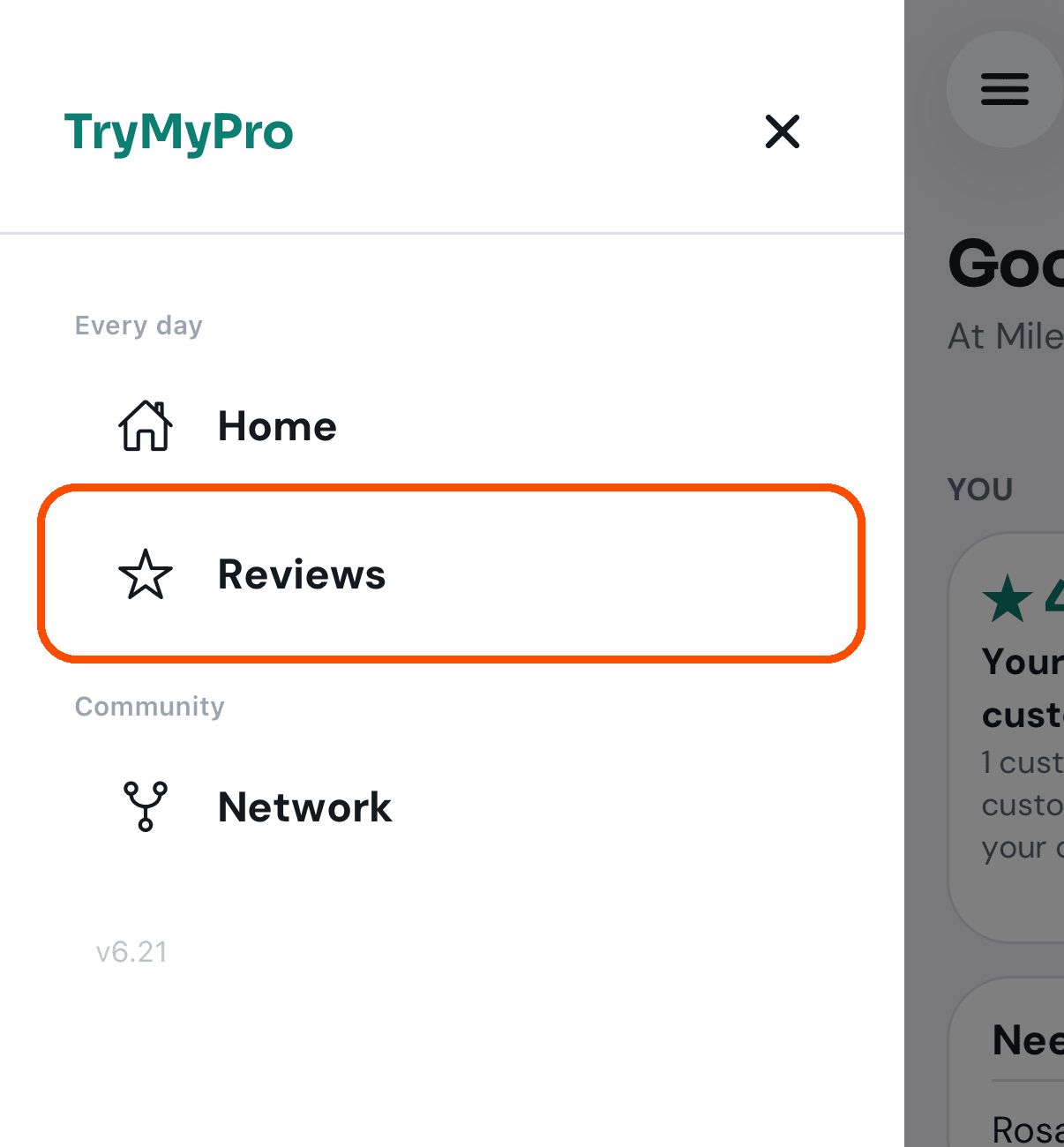 A professional's menu, with Reviews in it