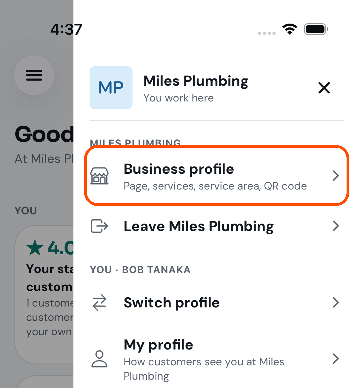 Your picture's menu, with Business profile