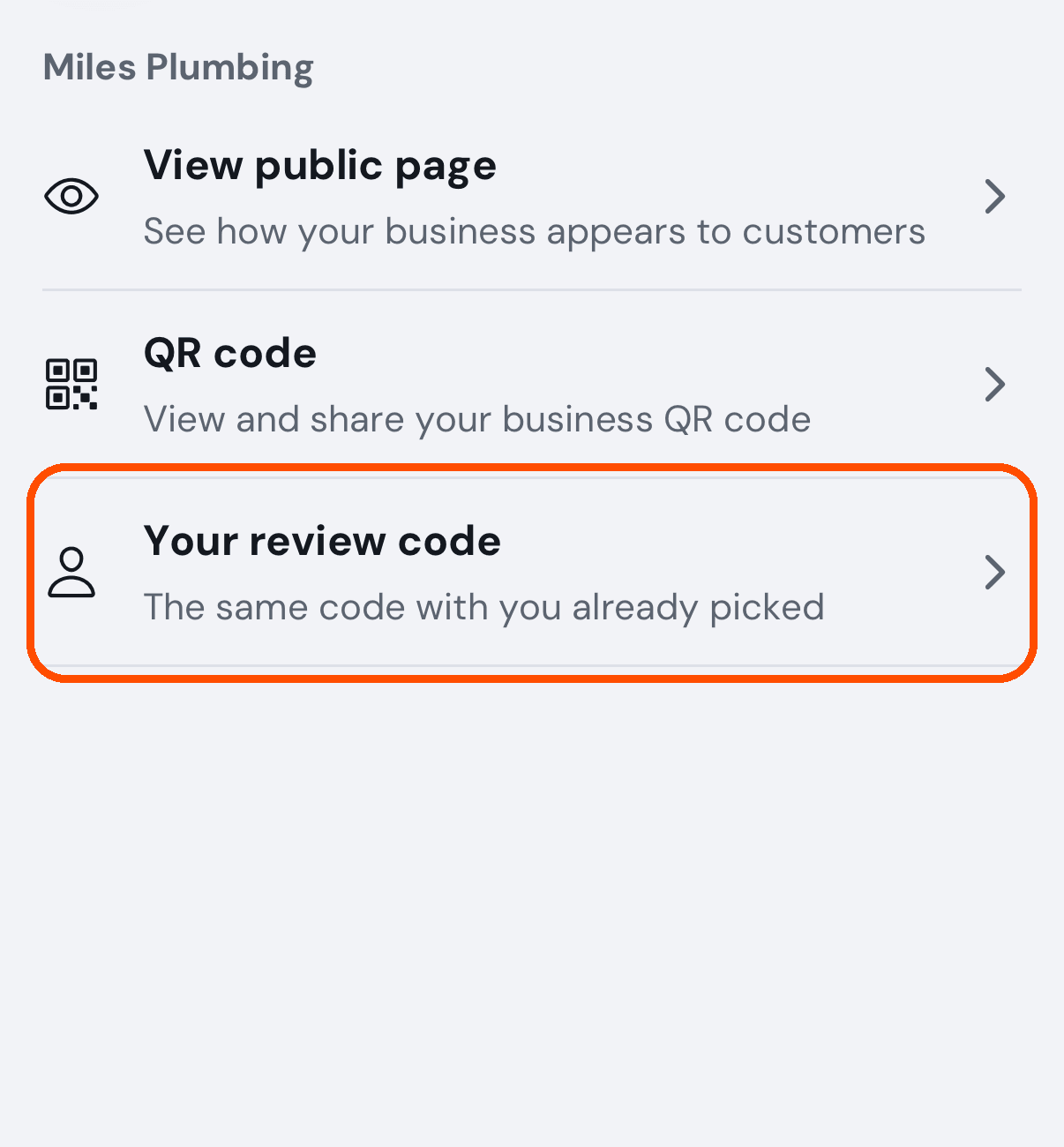 Business profile, with Your review code