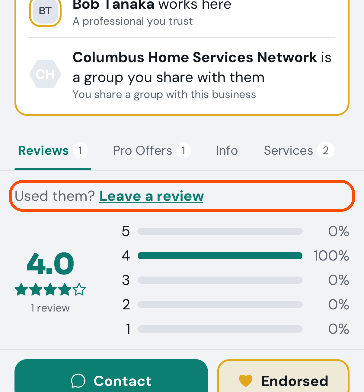 A business's page, with Leave a review