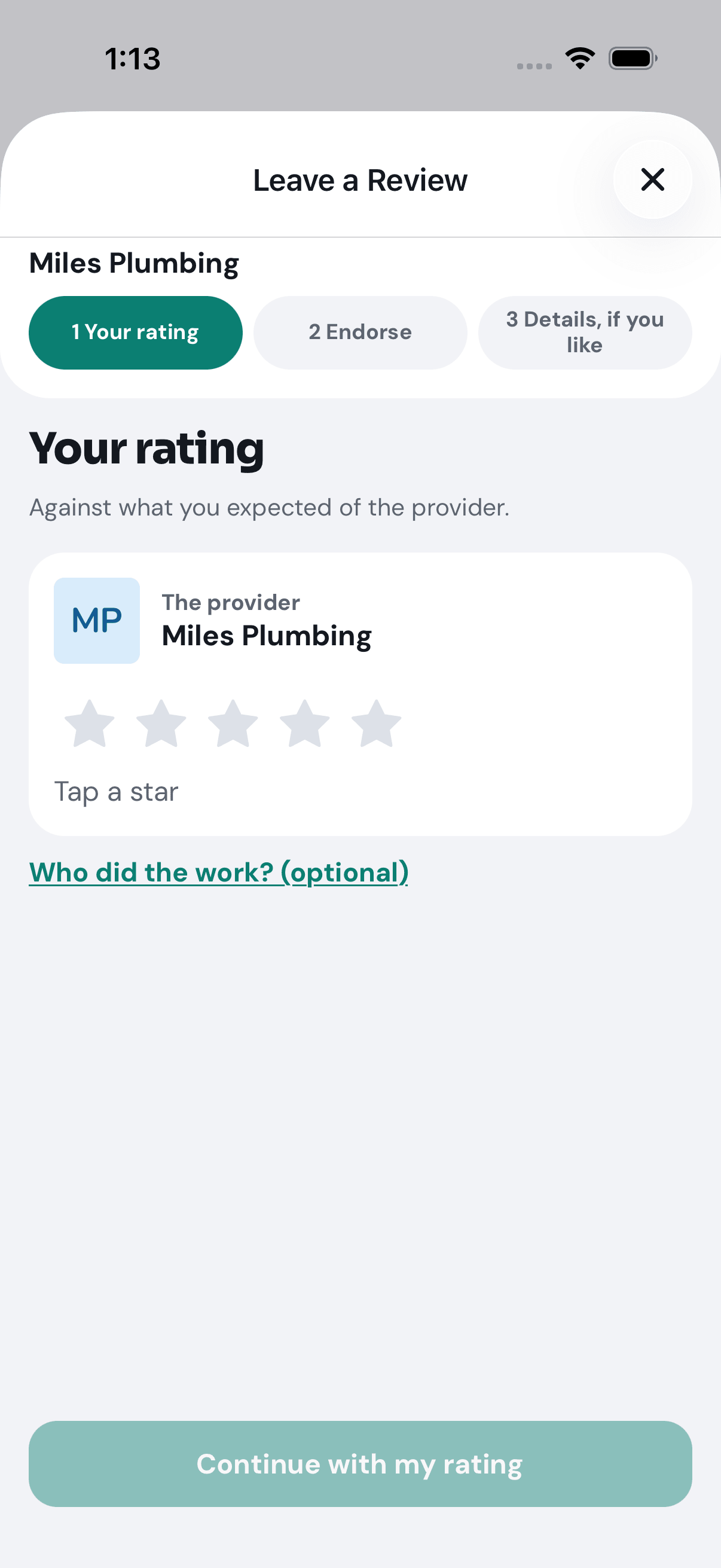 Leave a Review: your rating, and Who did the work?