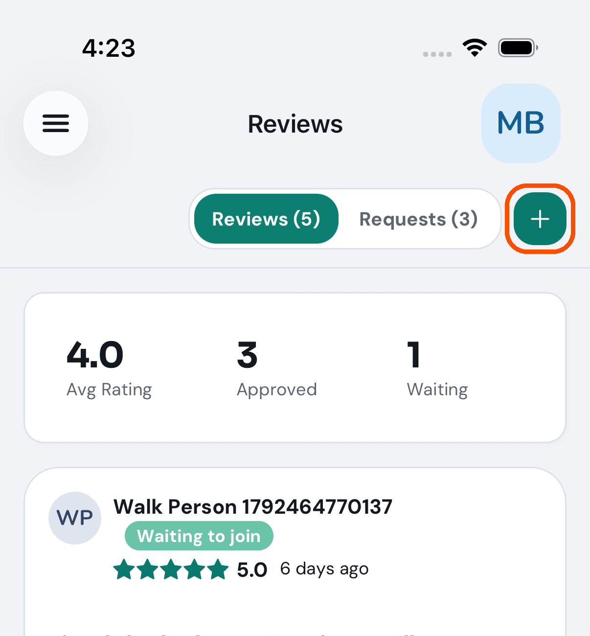 Reviews, with the plus button