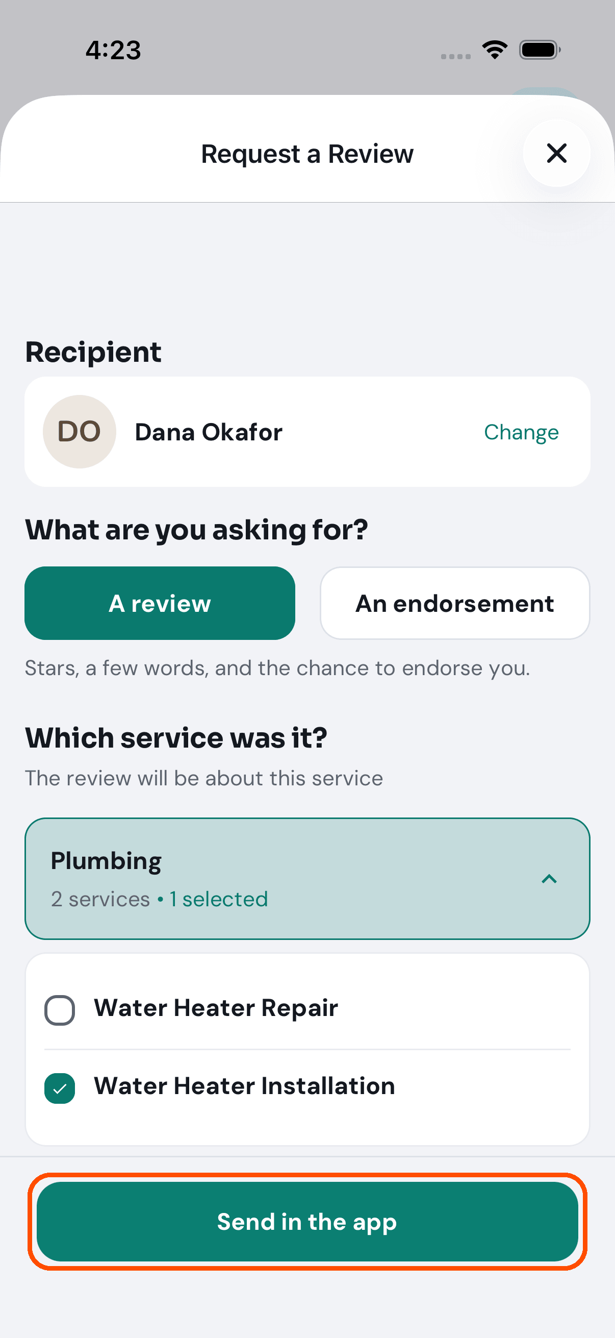 A service ticked, and the send button ready