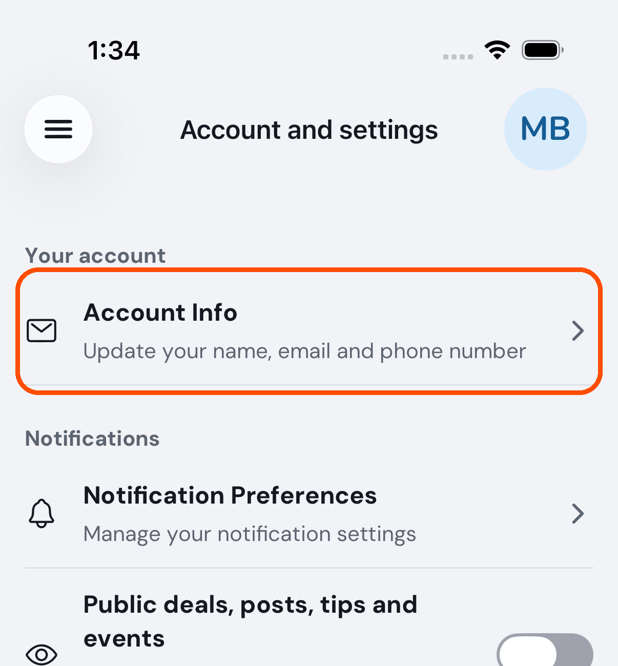Settings, with Account Info