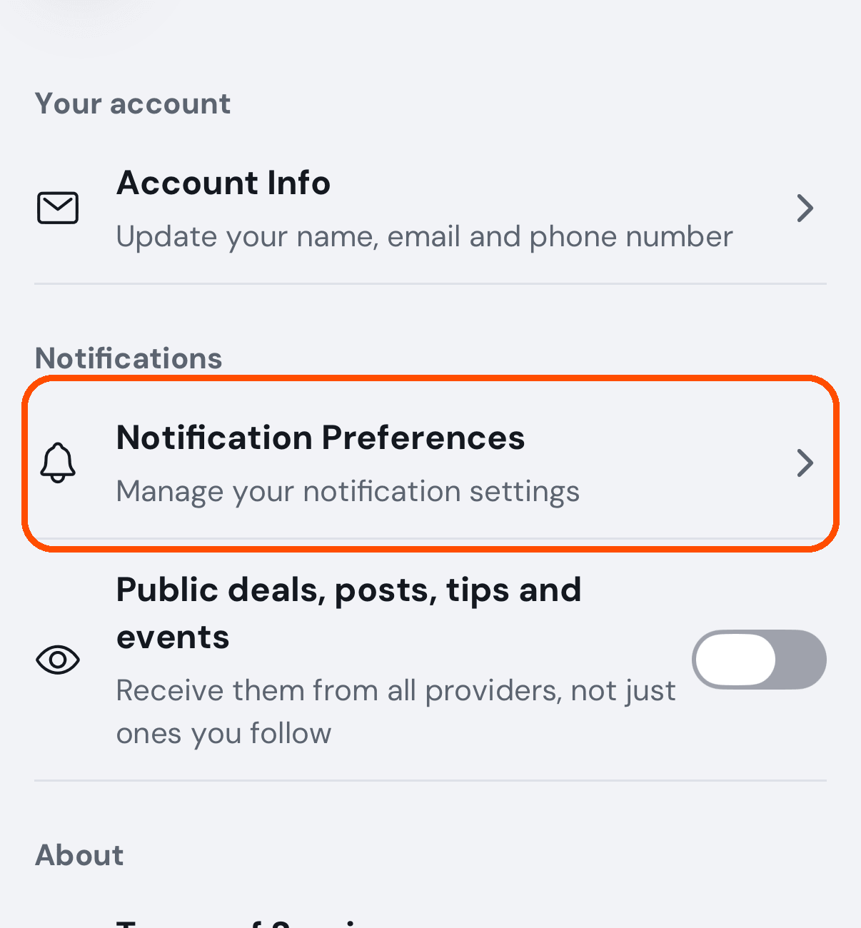 Settings, with Notification Preferences