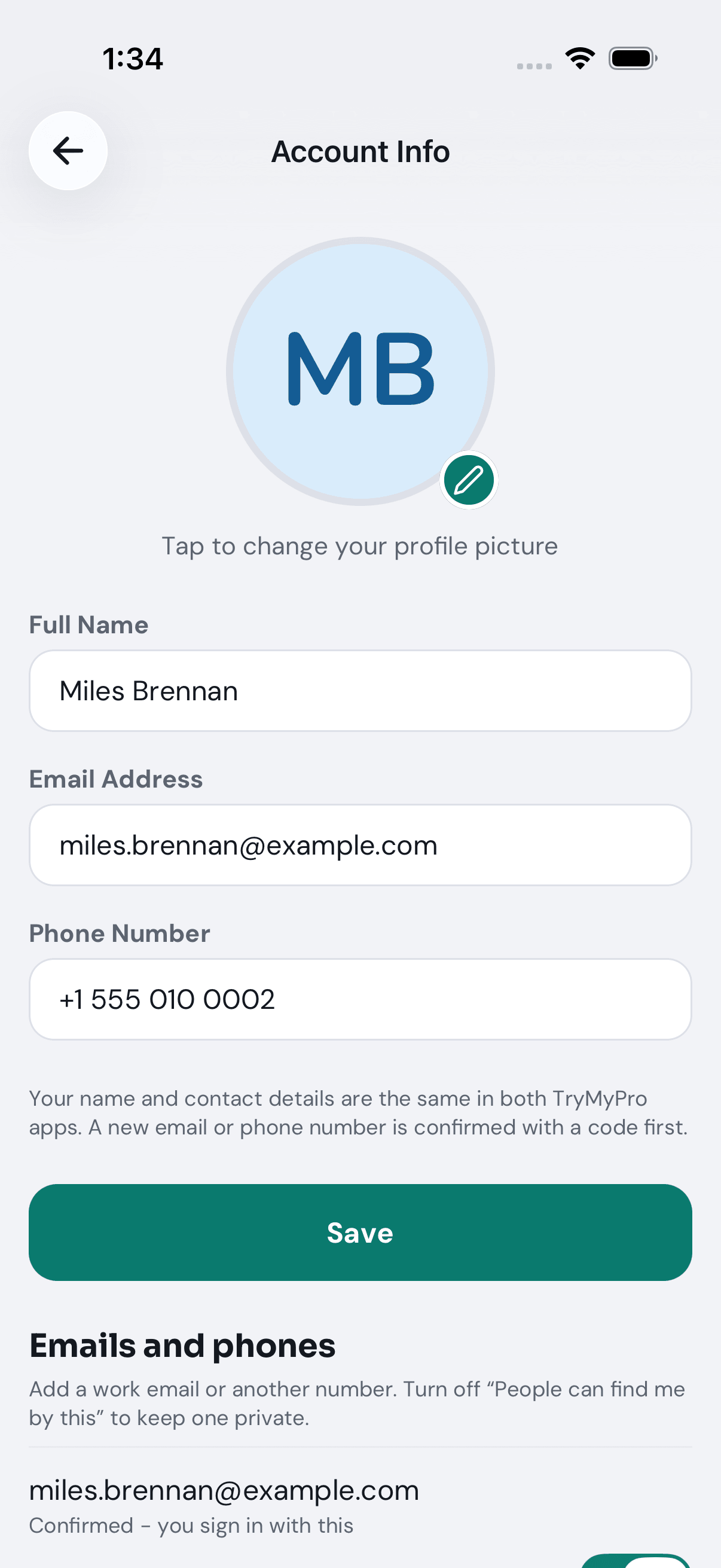 Account Info: your picture, name, email and phone