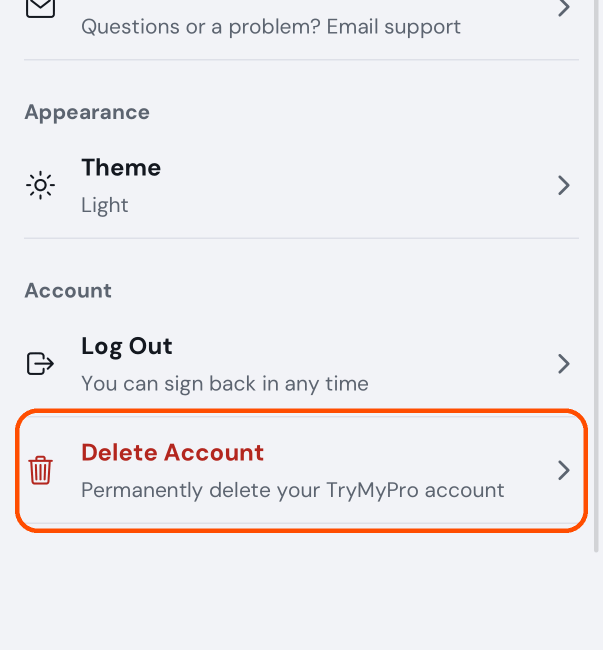 The bottom of Settings, with Delete Account under Log Out