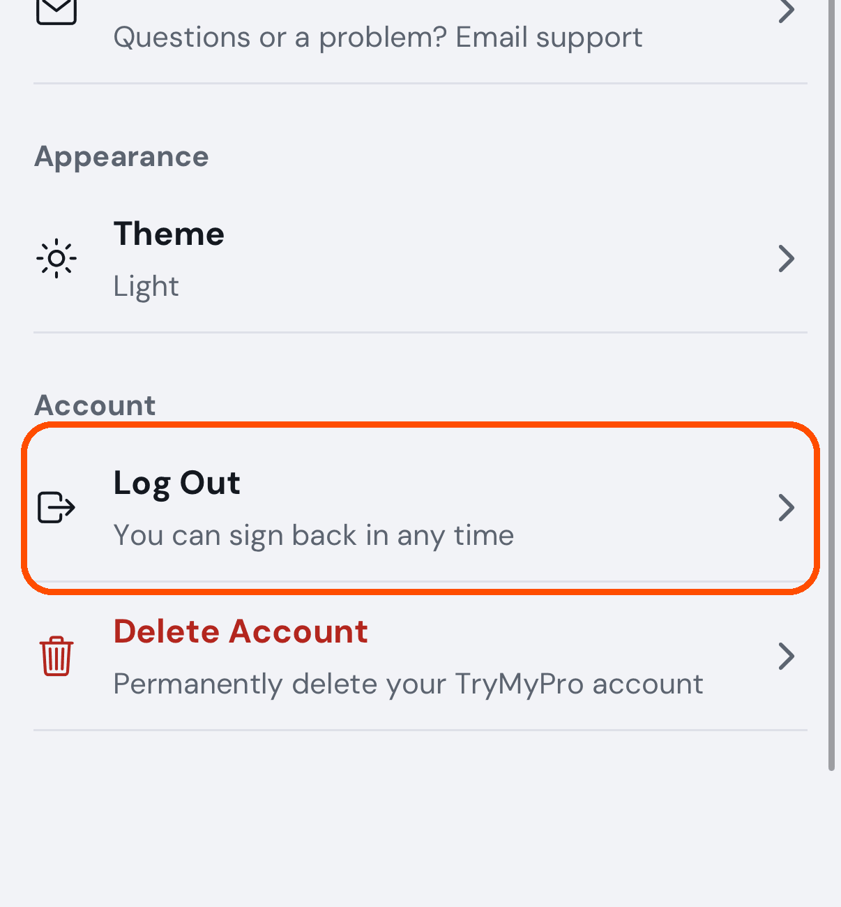Settings, with Log Out
