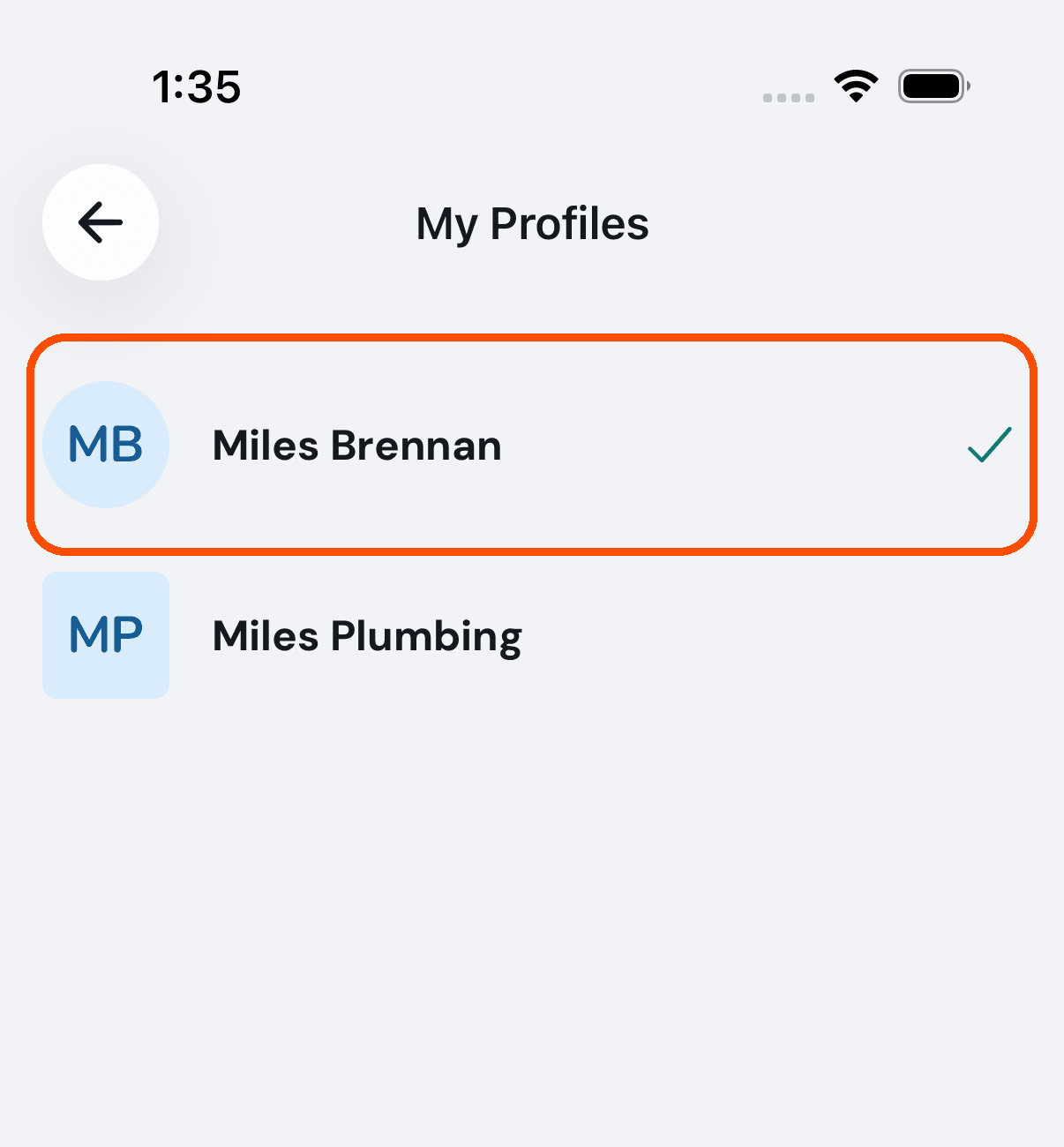 My Profiles, with the current one ticked