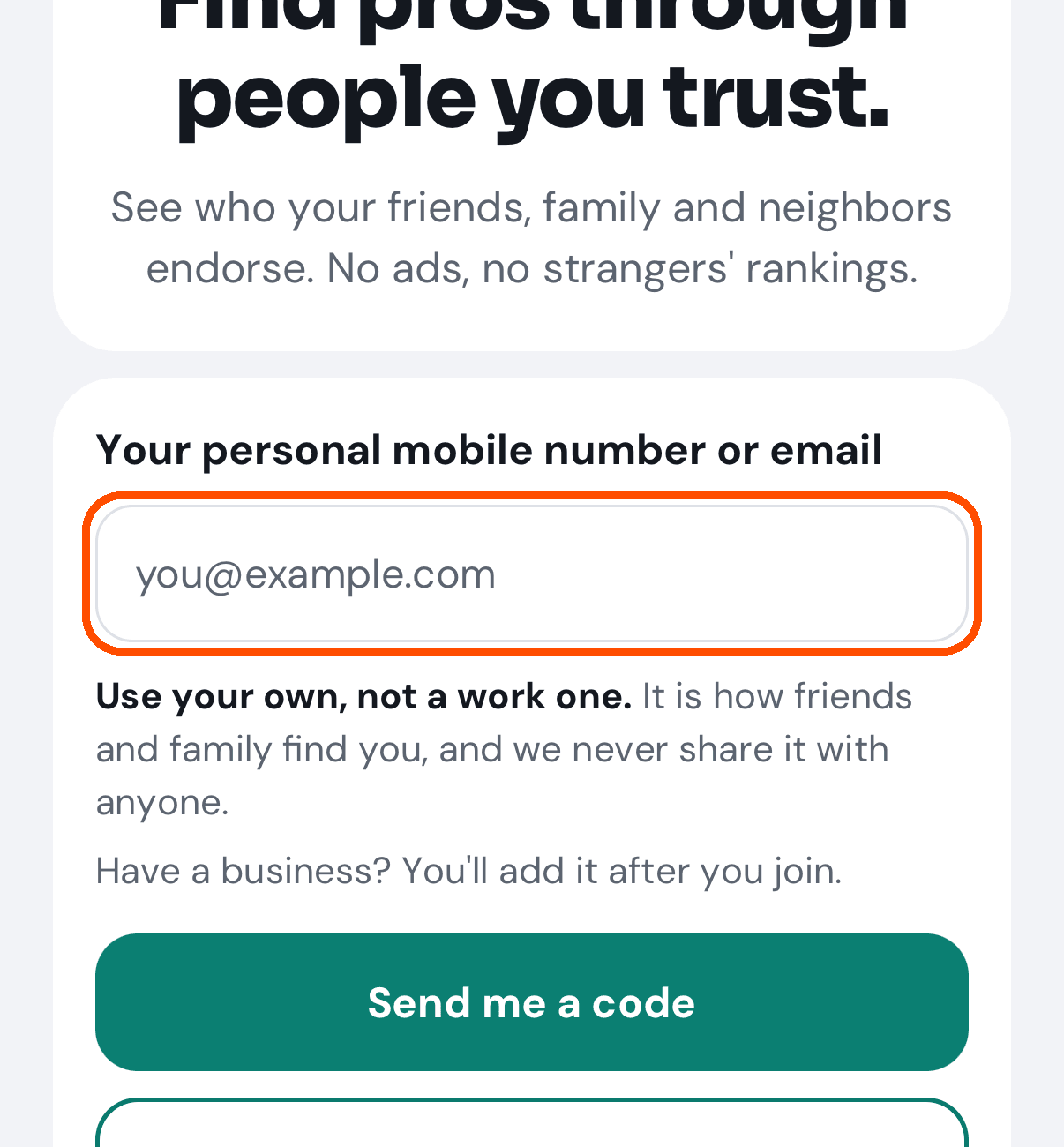 The start screen, with the box for your number or email