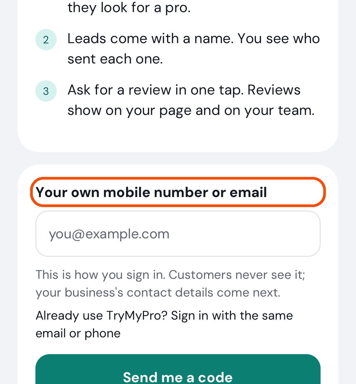 The box for your own mobile number or email