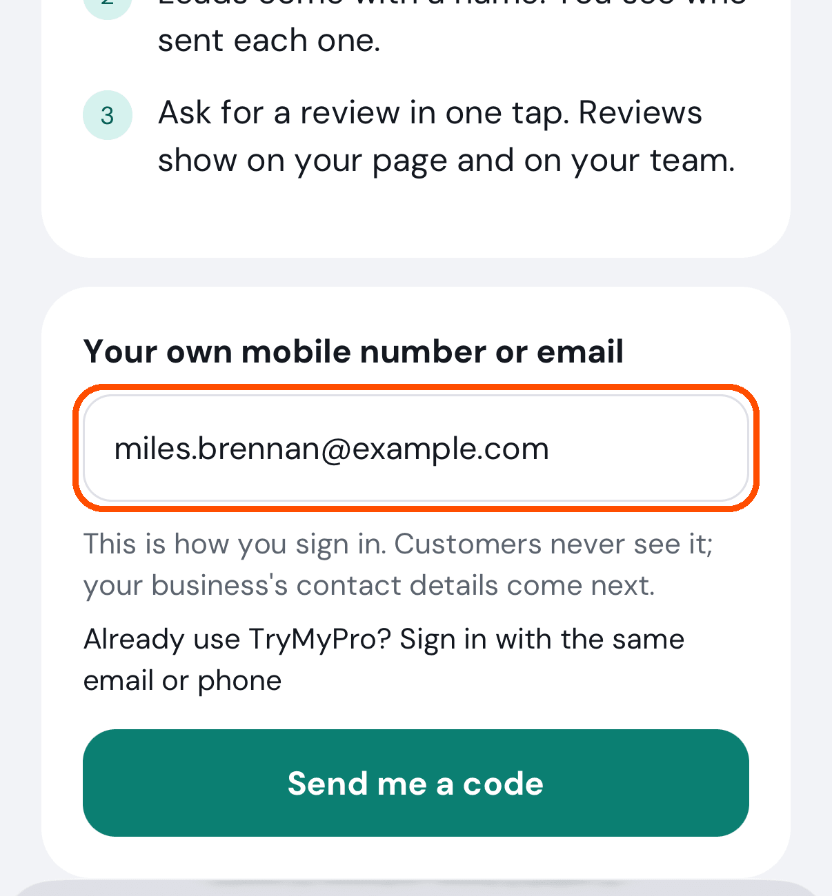 The box for your number or email