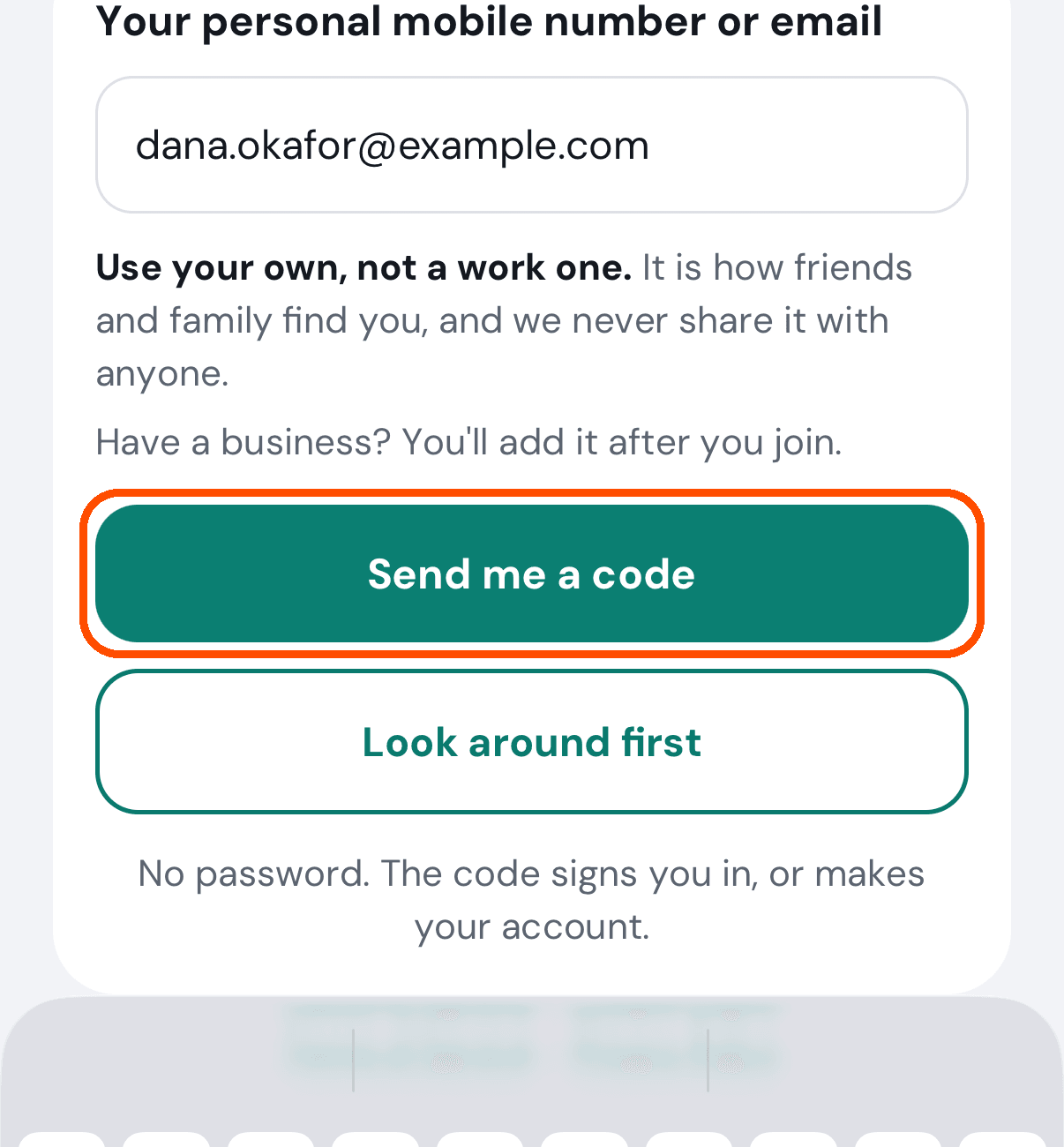 Your address typed, and Send me a code