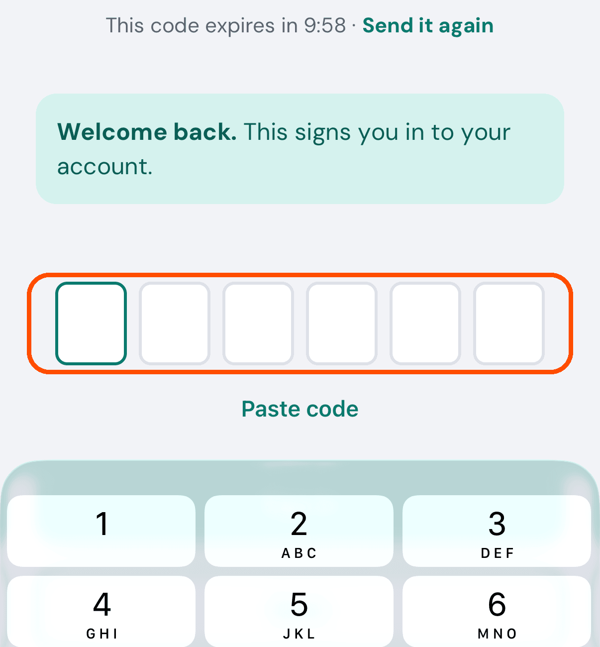 Enter your code: six boxes, and how long the code has left