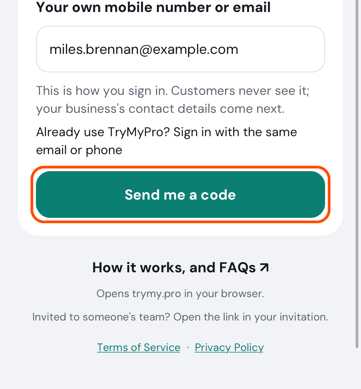 The address typed, and Send me a code