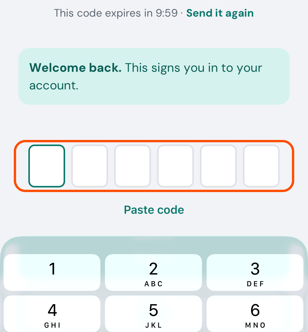 Enter your code: six boxes, and how long the code has left