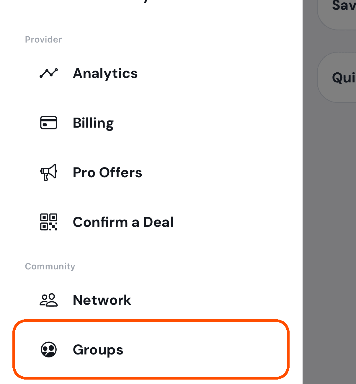 The menu, with Groups in it