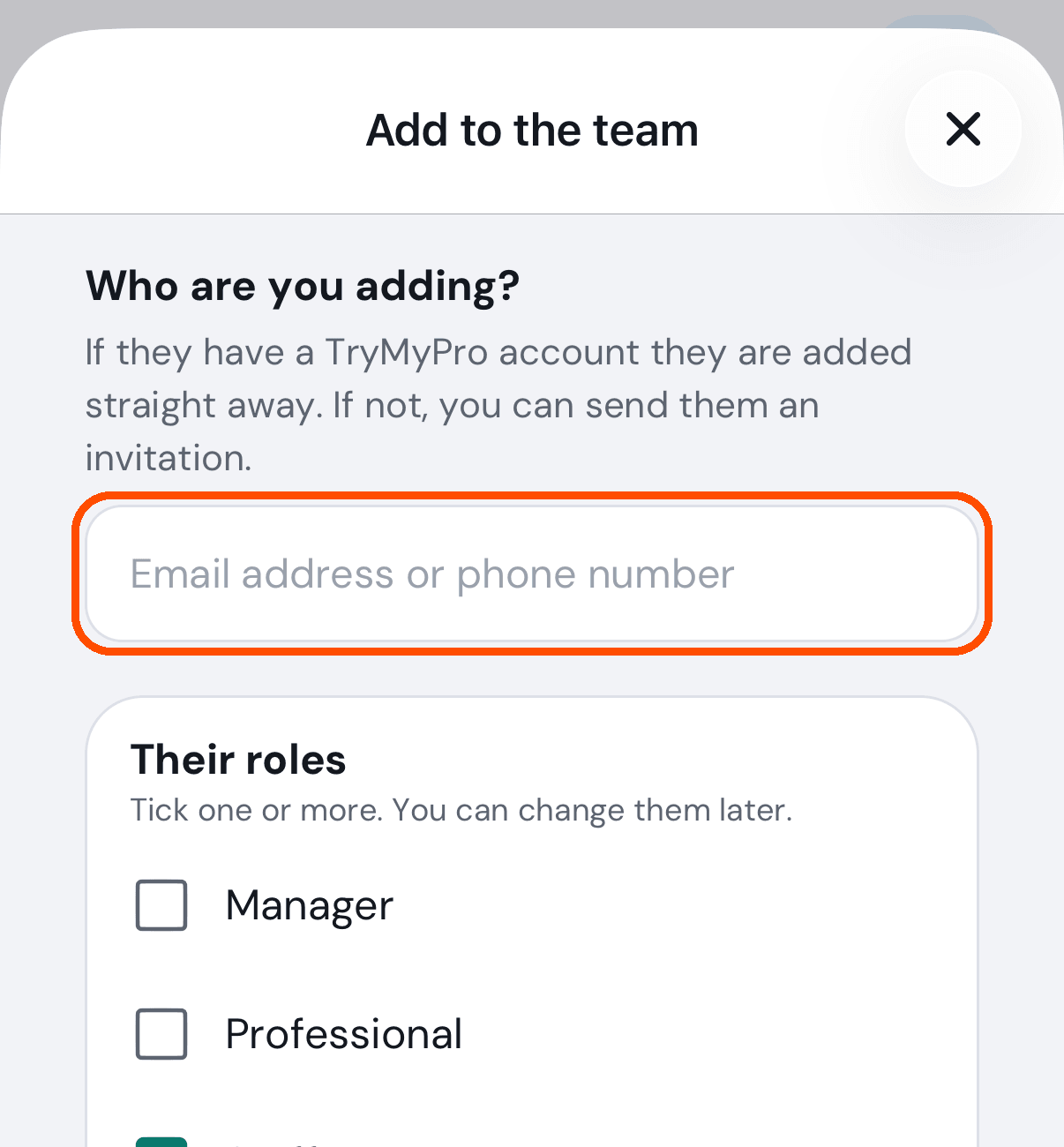 Add to the team, with the box for an email or phone
