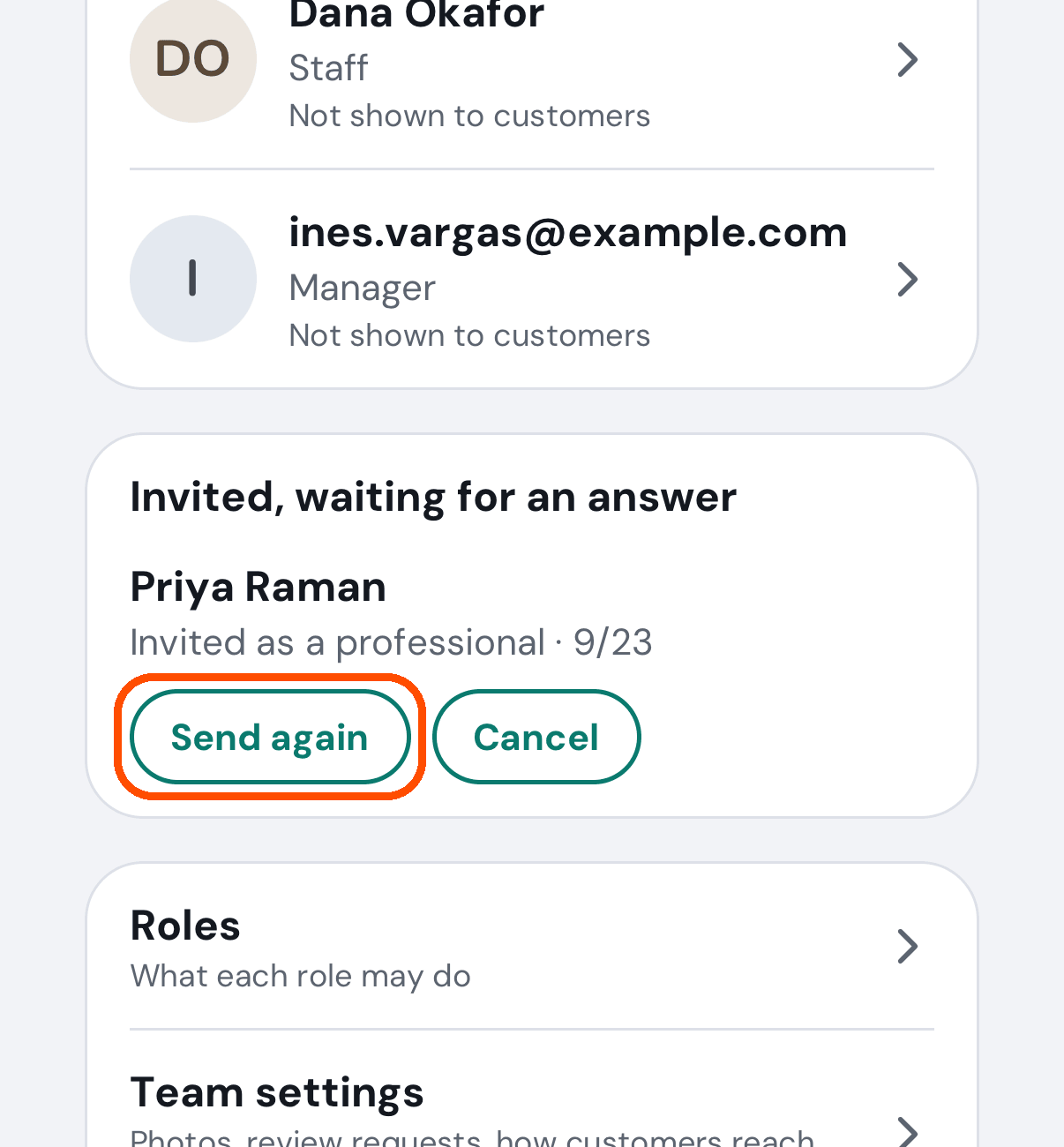 Invited, waiting for an answer, with Send again and Cancel